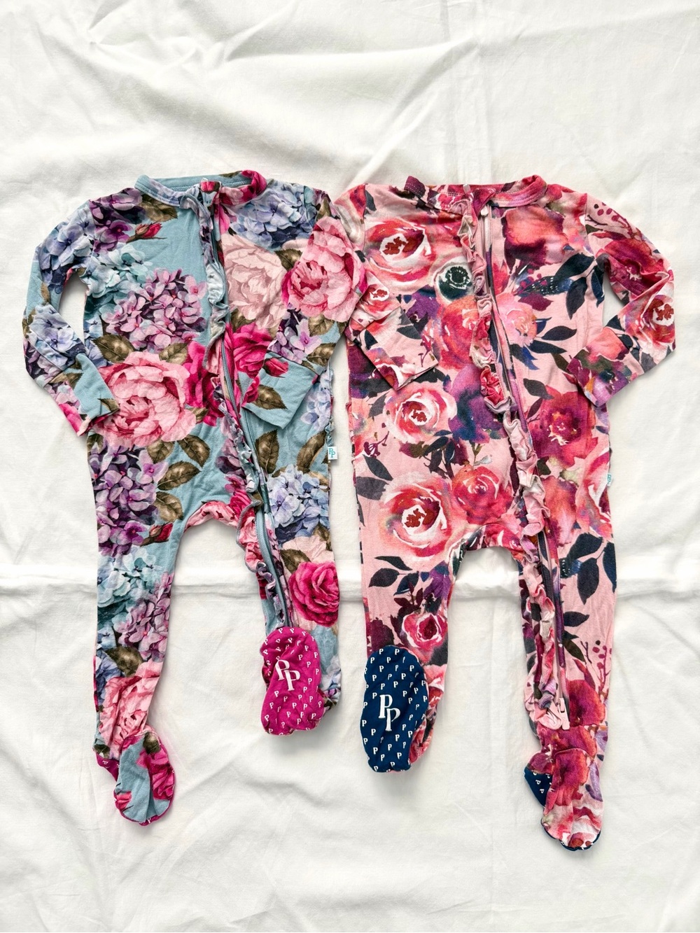Posh Peanut Bundle | 2 Floral Footie Ruffled Zipper One Piece | 3-6m